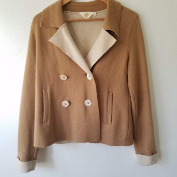 Anthropologie HWR Monogram Wool Blend Camel Double Breasted  Coat  Small - Picture 6 of 14